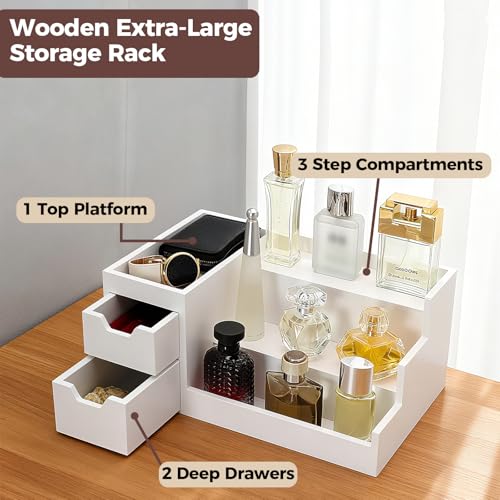 White Wooden Perfume & Makeup Organizer Countertop Rack - 2 Drawers, 3 Tiers
