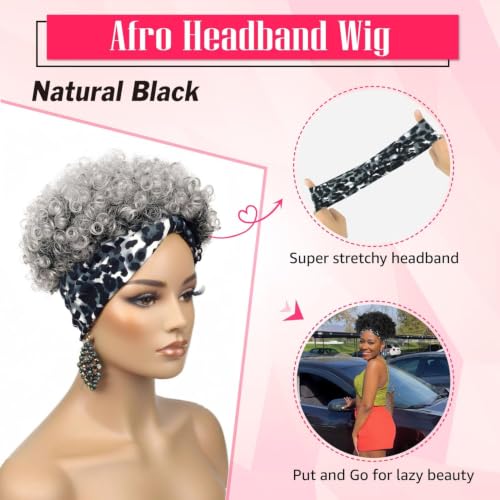 Adancyler Short Curly Headband Wig - Salt & Pepper Afro Style, 6 Inch Tgrey