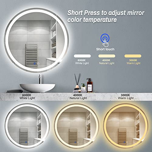 FITLAND 24-Inch Round LED Bathroom Mirror with Anti-Fog Dimmable & 3 Color Temp