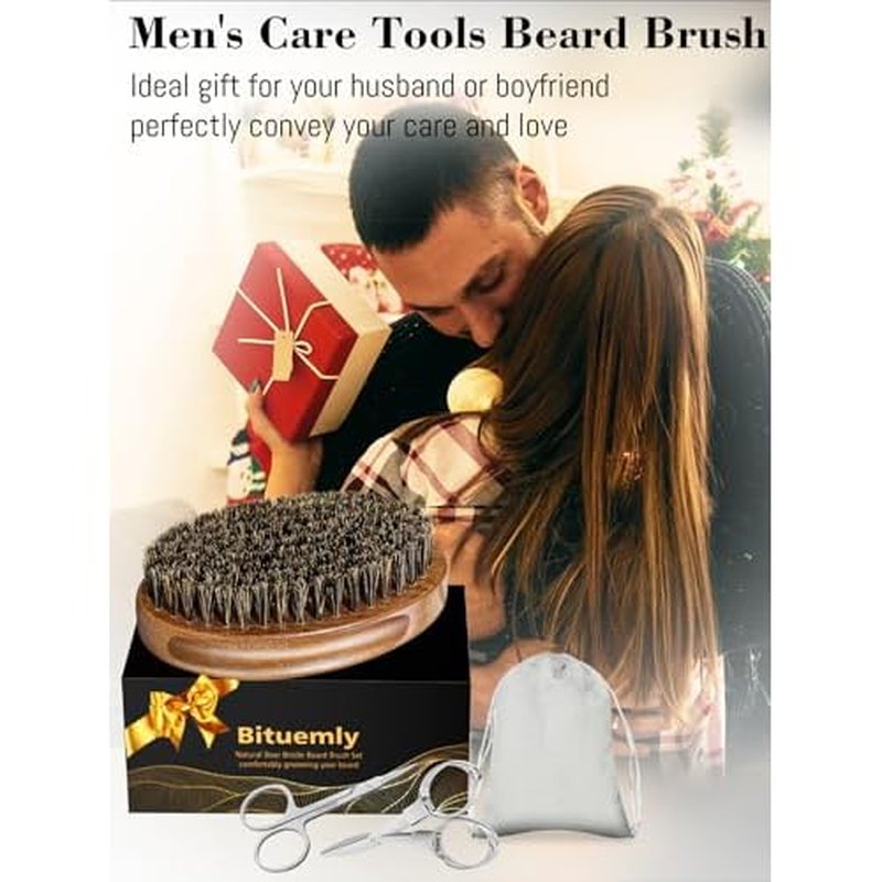 Beard Brush, Stocking Stuffers Boar Bristle Beard Brush for Men and Mustache Scissors Facial Hair Grooming Kit, Detangles Boars Hair Styling Beard Tool, Christmas Gift for Boyfriend Husband