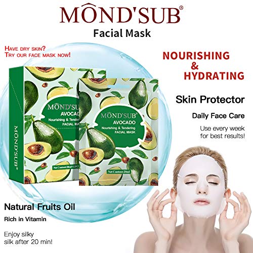 MOND'SUB [12 P] Avocado Oil Facial Masks-Best Sheet Mask For Dry Skin-Deeply Nourishing&Moisturizing- Make Skin Soft&Clear-Every Skin Condition Day to Day Skin Concerns-Both Men&Women