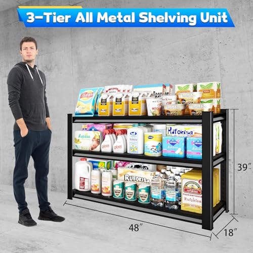 Black 3-Tier Garage Shelving Unit - Heavy Duty Metal Storage Rack 48W x 18D x 39H