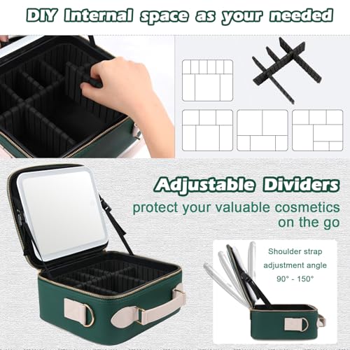 Travel Makeup Bag with Light Up Mirror, Portable Makeup Bag with Led Light Women Waterproof Makeup Travel Case adjustable dividers Rechargeable Vanity Mirror with 3 Color Lights (Green)