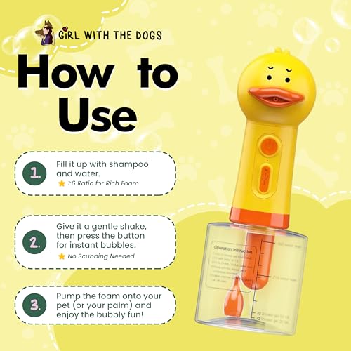 Electric Shampoo Dispensing Foaming Duck by Girl With The Dogs ? Fun Foaming Soap Dispenser for Dog Grooming, Cat Supplies, Kids Bathroom Set & Bathroom Accessories ? Shampoo Pump Dispenser