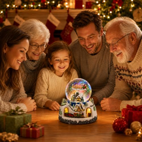 Musical Christmas Village Snow Globe with Santa & Reindeer—48 Carols, Remote