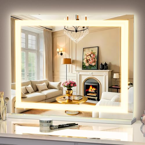 Beige Vanity Mirror with Lights - 22x19 Inch Backlit & Front Lit Hollywood Style