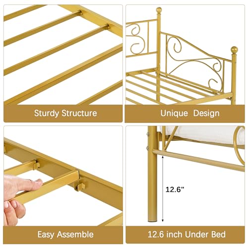 Gold Twin Size Metal Daybed Frame with Headboard, Modern Support & Storage