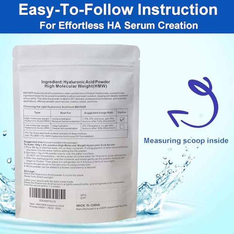 MAYKER Pure Hyaluronic Acid Powder 1.76 oz | High Molecular Weight, Cosmetic Grade | To Make 115+ oz Hydrating Serums For Skin Hydration, Clear, Gel-like Texture | No fillers, No Additives