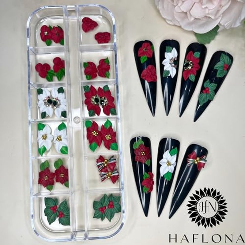 3D Christmas Acrylic Flower Nail Art Charms Handmade by Acrylic Powder - 24pcs Noel Flowers Nail Rhinestones Kit 3D Nails Design Acrylic for Women (Christmas Flowers 3-Small & Medium Size)
