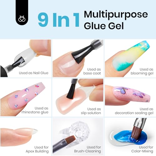 Beetles 9 in 1 Gel Nail Glue, 2pcs 10ml UV Nail Glue for Clear Nail Tips Acrylic Nails, Super Strong for False Nails, Base Coat, Rhinestones, Blooming Gel, Long Lasting 28+ Days, U V Light Required
