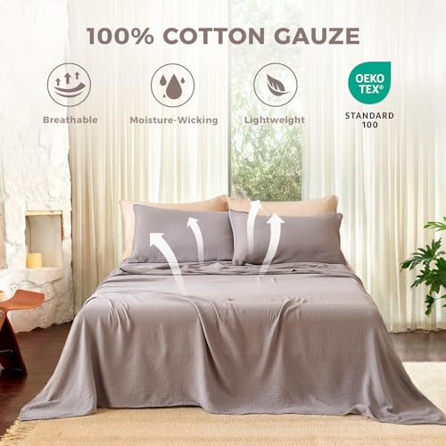 King Size Cotton Muslin Sheet Set - Grey 4-Piece Breathable Bed Sheets