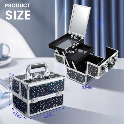 Black Star Makeup Case Organizer with Mirror - Portable Lockable Train Case