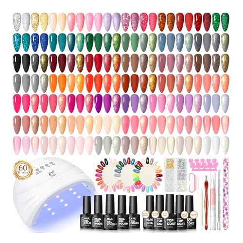 COSCELIA 60PC Gel Nail Polish Kit with U V light 55 Colors Gel Nail Polish Set 5PC Top Base Coat Glitter Rhinestones All Seasons French Manicure Starter Kit at Home for Women Girls