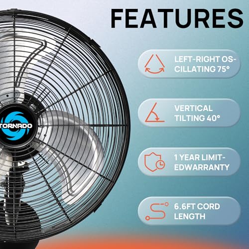 Tornado 16-Inch Pro Series Oscillating Wall Mount Fan - Black, Heavy Duty, 3-Speed, 2850 CFM