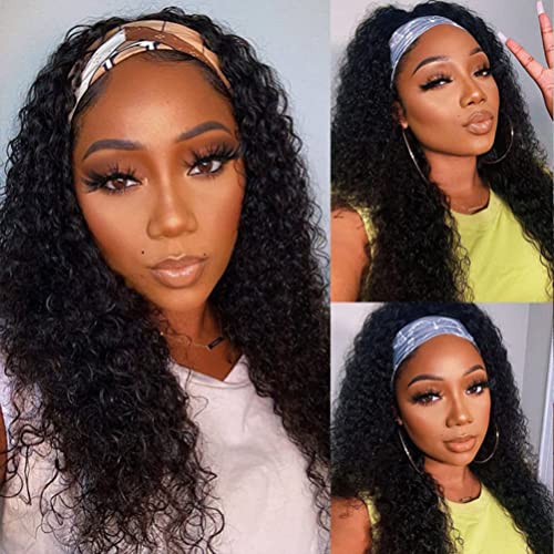 Black 20 Inch Curly Human Hair Headband Wig - Glueless, Wet Wavy, for Black Women