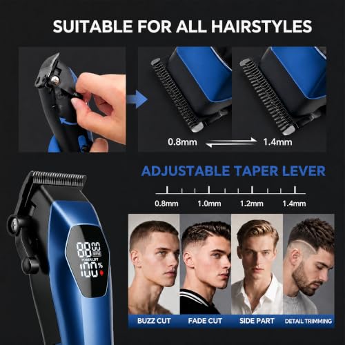 Rechargeable Hair Clippers for Men - Professional Cordless Barber Trimmer Kit with 8 Guide Combs & LED Display