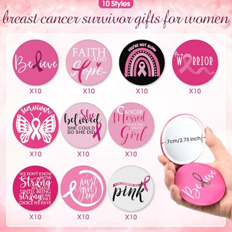 100 Pcs Breast Cancer Awareness Gifts Pocket Mirror Bulk Portable Travel Mirrors Pink Ribbon Breast Survivor Compact Mirror for Charity Women Public School Events Supplies (Inspirational)