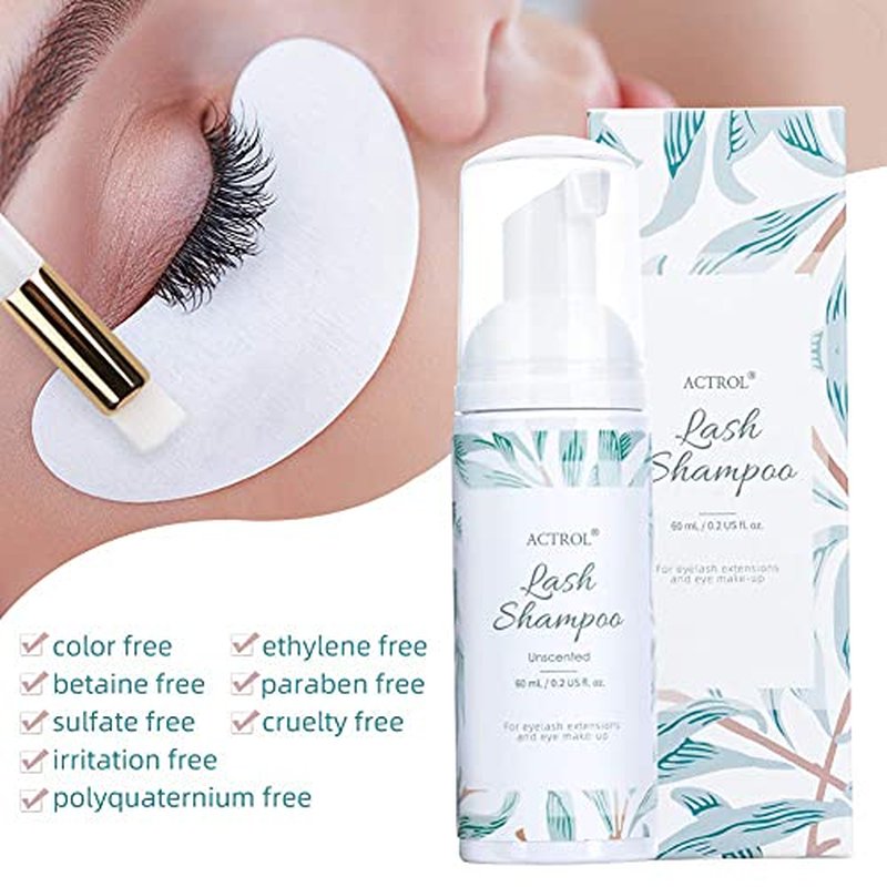 Eyelash Extension Shampoo Kit 60ml Unscented Lash Extension Cleanser with Lash Fan Black Professional Eyelid Foaming Cleanser Paraben & Sulfate Free Non-lrritating