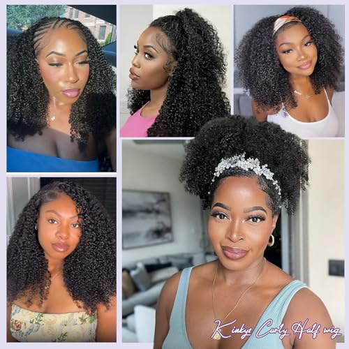 Natural Color 16 Inch Human Hair Kinky Curly Half Wig - 200% Density, Glueless, Volume