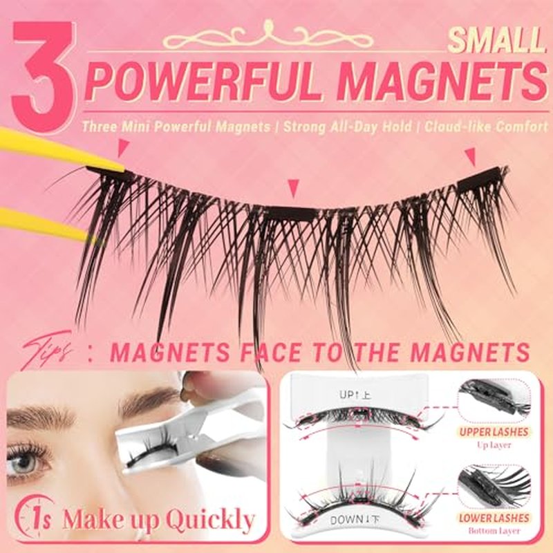 Ahrikiss Magnetic Eyelashes 2 Pairs Reusable Magnetic Lashes with Applicator Manga Lashes Natural Look No Glue Needed Lash Kit Wispy Cat Eye False Eyelashes with Magnets (M02+M03)