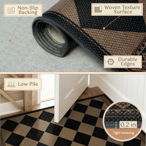 4' x 6' Checkered Outdoor Rug with Non-Slip Backing - Black & Brown