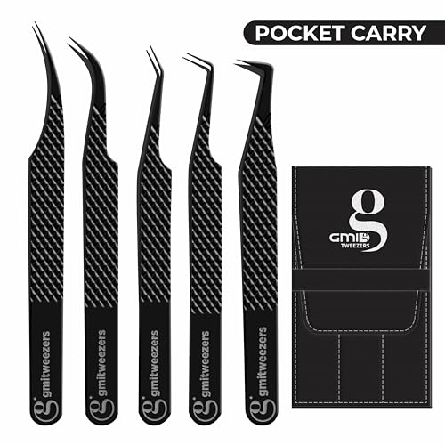 Black Lash Tweezers Set of 5 - Stainless Steel Eyelash Extension Tweezers