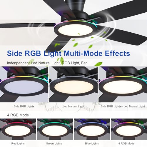 BYKISTOK 52-Inch Flush Mount Ceiling Fan with RGB Light - Black Reversible Mute Motor