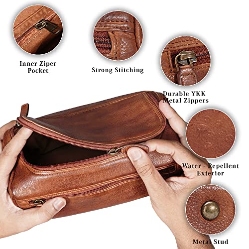 Premium Handmade Leather Toiletry Bags for Men and Women, Genuine Leather Dopp Kit and Shaving Bag for Men, Travel Cosmetic Bag for Women's and Men's, Retro - Cognac