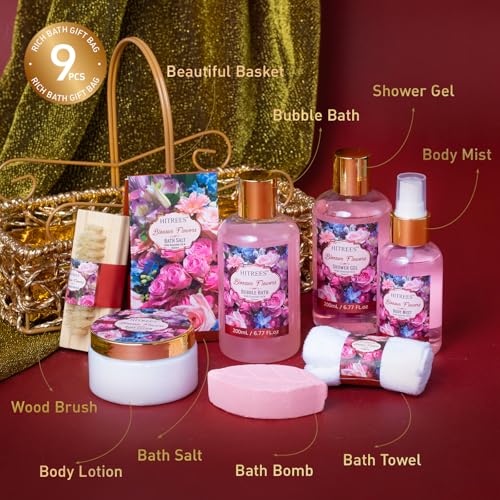 Hitrees Rose & Jasmine Gift Basket for Women, 9-Piece Spa Set with Body Care