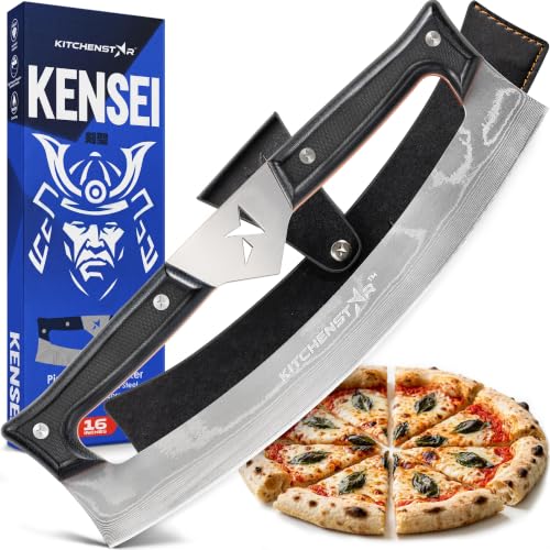 Gray 16-Inch Pizza Cutter Rocker Knife with Damascus Steel Blade & Leather Sheath