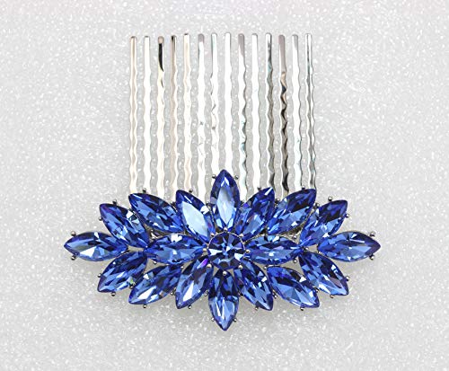 Blue Rhinestone Crystal Floral Hair Comb - Bridal & Special Occasion Accessory