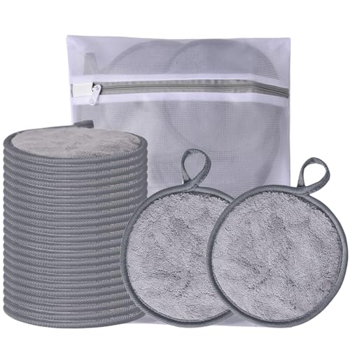 Large Reusable Makeup Remover Pads for Face, Soft Microfiber Makeup Remover Cloths Washable, Premiun 5 INCH Face Cleaning Pad with Laundry Bag, 24 Pack Grey