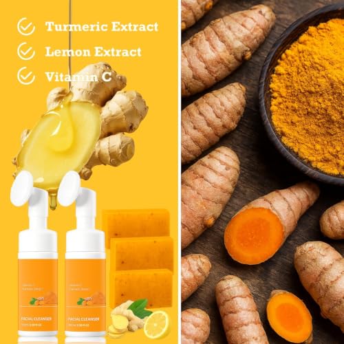 Turmeric Wash and Care Kit - 5 Pieces with Face Brush, Exfoliating Pads, Soap Bars & Oil - Natural Skincare Set
