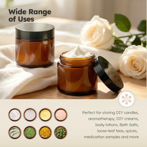 Amber Glass Jars with Black Lids - 2 oz, 60 Pack, Durable & Leak-Proof - Variation of THIS listing: Amber-Black Lids / 2 Ounces / 60