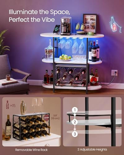 Rustic White LED Coffee Bar Cabinet with Power Outlets and Removable Wine Rack - 14.2 x 39.4 x 36 inches