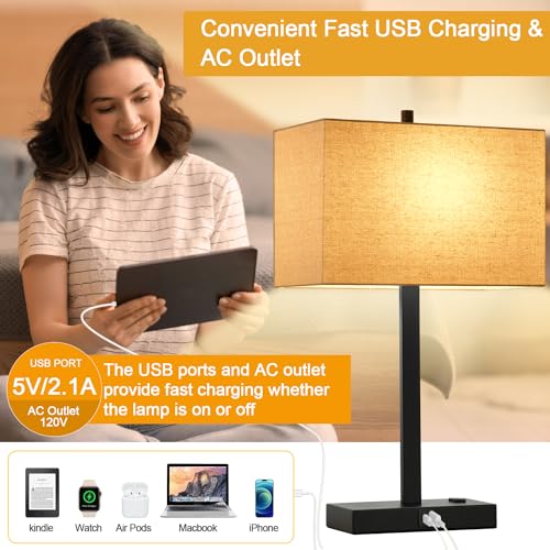 Beige Linen & Matte Black 21-Inch Touch Bedside Lamps with USB & AC Outlets - Set of 2