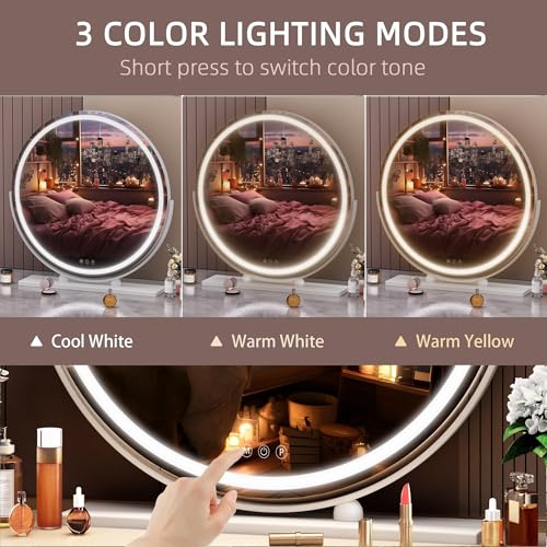 Hasipu 23.6-Inch LED Lighted Makeup Mirror with Touch Control, 3 Colors Dimmable, Round 360° Rotation, White Frame