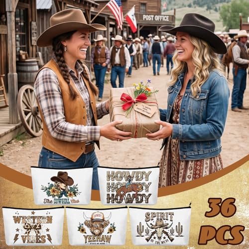 Western Makeup Bags Bulk Gift Set - 36 Canvas Cow Pattern Cosmetic Pouches - Western