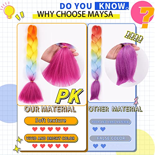Rainbow Braiding Hair Extensions 24in, Pre-Stretched Synthetic Multicolor 6 Packs - Rouge Pink-Purple-Blue-Green