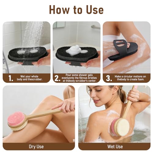 Pink & Black Silicone Body Back Scrubber Set with Long Handle - 2 Pack