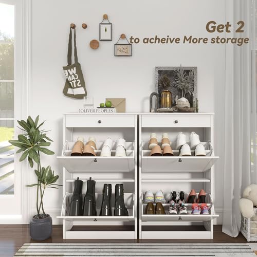 Medium White Shoe Cabinet with 2 Flip Drawers - Slim Modern Storage