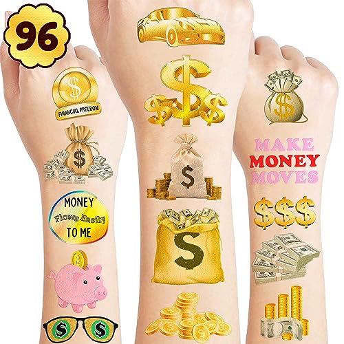 96 PCS Fun Money Pre-Cut Temporary Tattoos for Kids Theme Birthday Party Decorations Supplies Favors Decor, Cute Money Jar Stickers Tattoo Gifts for Boys Girls School Prizes Carnival
