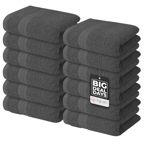 Infinitee Xclusives Premium Black Kitchen Towels ? Pack of 6, 100% Cotton 15 x 25 Inches Absorbent Dish Towels + Grey Washcloths Set ? Pack of 12, 13x13 Inches 100% Cotton Wash Cloths