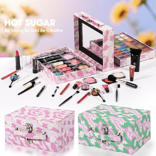 Hot Sugar Makeup Kit for Preteen Girls 10-12, Birthday Christmas Makeup Gift Set for Teens 16-18, All in One Beginner Makeup Kit for Women Full Kit (Floral Green)