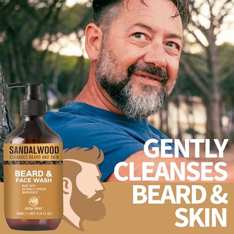 AM Beard & Face Wash - Sandalwood Scented - Gently Cleanses, Stops Itching & Flaking, Hydrates Dry Flaky Skin Under Beard - Naturally Derived Aloe Vera, Galangal, & Orange Peel - 6.76 fl oz