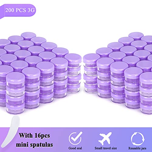 Purple Sample Containers 3g 200 Pack with Mini Spatulas - Cosmetic & Makeup Jars