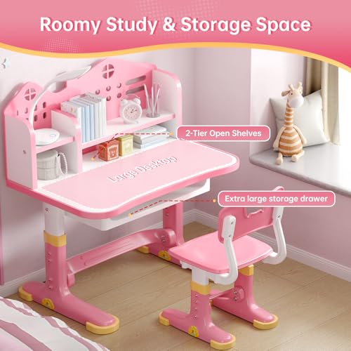 Pink Kids Adjustable Desk and Chair Set - Ergonomic Study Table for Children