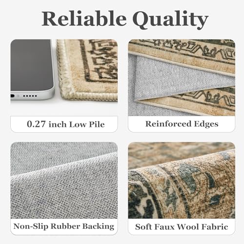 6x9 Foot Brown & Olive Green Vintage Medallion Area Rug - Non-Slip Washable Low Pile for Living Room & Bedroom - Modern Distressed Carpet