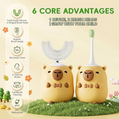 Kids U-Shaped Electric Toothbrush for Ages 7-15, Yellow, Rechargeable Sonic Brush