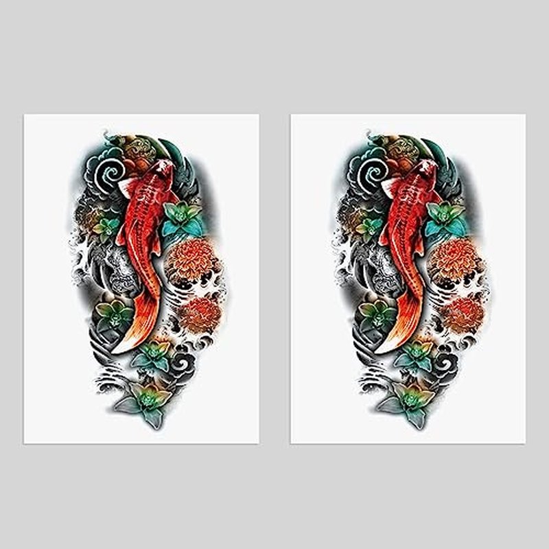 2 Sheets Arm Thigh Waterproof Temporary Tattoo Stickers Wave Flower Lotus Koi Carp Fish